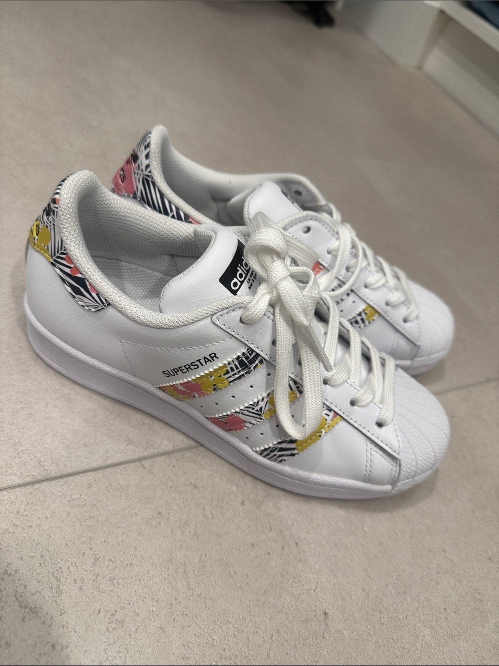 BNIB adidas Superstar White Sneakers with Pink & Yellow Floral Stripes